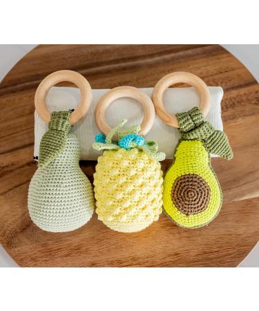Pear Baby Rattle & Teether Toy 0-24 Months | Soft Crochet & Beech Wood | All-Natural & Vegan | Gender Neutral Gift - Buy Online on GoSupps.com