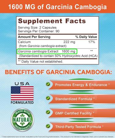Garcinia Cambogia 1600mg (180 Capsules) - Pure Natural Extract Supplement - Ultra HCA Standardized - Effective Alternative to Drops, Gummies, Liquid, Tea & Powder - Buy Online on GoSupps.com