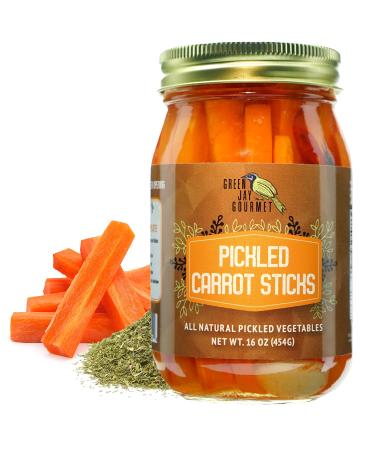 Green Jay Gourmet Spicy Pickled Carrot Sticks in a Jar - Fresh Hand Jarred Vegetables for Cooking & Pantry  Home Grown Pre-Prepared Pickled Carrot Sticks  Simple Natural Ingredients - 16 Ounce Jar Carrot Sticks 1 Pound (