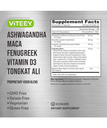 Viteey Ashwagandha Maca Fenugreek Supplement with Tongkat Ali Drive Passion & Energy Support for Men & Women Mood Calm & Stress Support - 60 Capsules - Buy Online on GoSupps.com