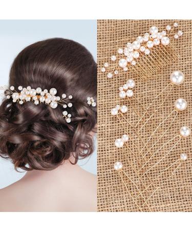 9 Pieces Pearl Bride Wedding Hair Comb Pearl Hair Pins Set Bridal Side Comb U Shape Bridal Hair Clip Pearl Bobby Pins Updos Hair Piece Wedding Hair Accessories for Women Girls (Gold) Elegant Style Gold
