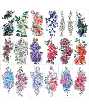 Konsait 18 Sheets Large Temporary Tattoos Flower Rose Tattoo Temporary Waterproof Sexy Body Tattoo Sticker for Woman Adult Girls Fake Tattoo Arms Legs Shoulder Back
