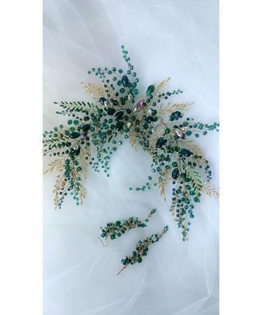 Kercisbeauty Green Beads Headpiece with Earrings Gold Headband for Brides Side Headband Hair Accessories Vintage Wedding Jewelry Handmade - Buy Online on GoSupps.com