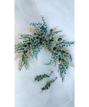 Green Beads Headpiece with Earrings | Gold Bridal Headband Set - Buy Online on GoSupps.com