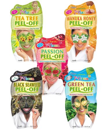 7th Heaven Face Masks Peel Off Gift Set - 5 x Peel Off Face Masks to Cleanse & Hydrate - Peel Off Skincare Set of Tea Tree Manuka Honey Passion Black Seaweed and Green Tea