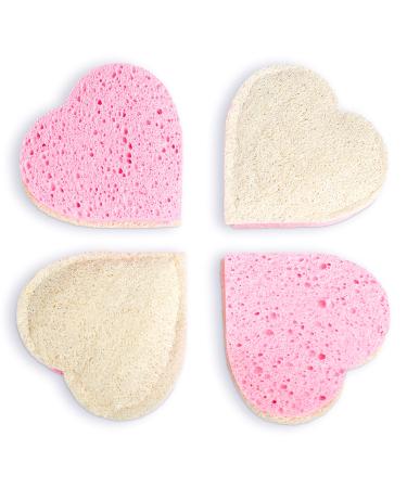 4 Pack LuffaLu Pro Sponge Loofah and Cellulose Fusion - Shower Cleaning and Exfoliating 2 Sided Coarse and Soft Spongy All-Natural Disposable Body Scrub by Fushay (Pink Hearts)