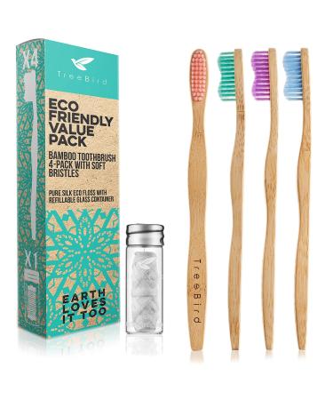 Bamboo Toothbrush 4-Pack & Compostable Silk Dental Floss with Refillable Glass Holder | Biodegradable Oral Care Set | Soft BPA-Free Bristles | Natural Eco-Friendly Gifts for Men & Women | Moso Handle