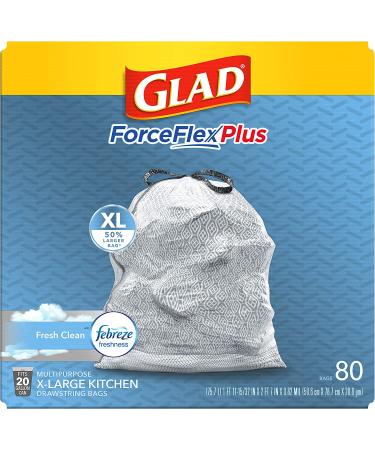 GLAD ForceFlexPlus XL X-Large Kitchen Drawstring Trash Bags - 20 Gallon Grey Trash Bag  Fresh Clean with Febreze Freshness 80 Count (Package May Vary) 80 Count (Pack of 1) - Buy Online on GoSupps.com