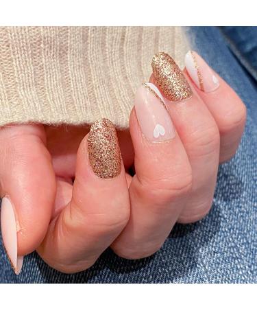 Novo Ovo Short Oval Almond Pink French Tip Press-On Nails - Glitter White Heart Artificial Fingernails with Glue | Shop Internationally! - Buy Online on GoSupps.com