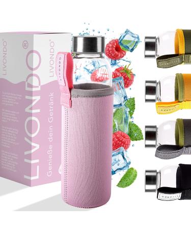 LIVONDO drinking bottle glass 0.5 lt. with stainless steel screw cap and neoprene cover | Dishwasher safe (Love - Piruette)