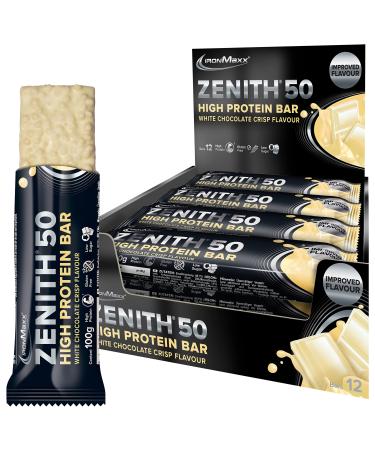 Ironmaxx Zenith 50 XL High protein bar - White Chocolate Crisp 12 x 100g |Protein bar with 50% protein content |Low Carb Low Sugar with important amino acids White Chocolate Crisp 12x100g - Buy Online on GoSupps.com