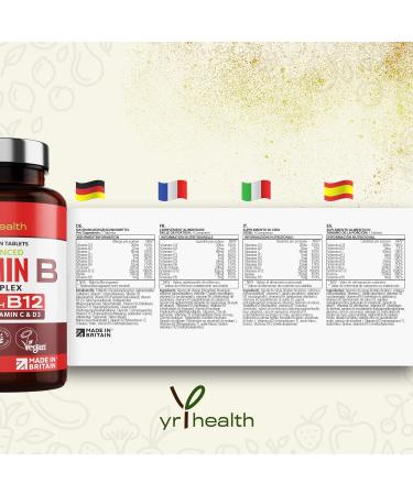Vegan Vitamin B Complex Advanced - High Strength All 8 B Vitamins with Vitamin C, D3, K2 Mk7 - 180 Tablets - YrHealth UK - Buy Online on GoSupps.com