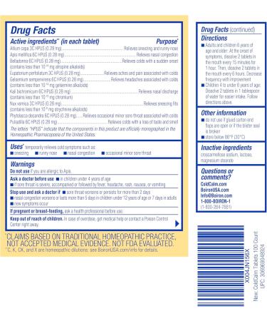 Boiron ColdCalm Tabs - 100 Count for Relief of Common Cold Symptoms Such as Sneezing Runny Nose Sore Throat and Nasal Congestion - Non-Drowsy Cold Calm Meltaway Tablets - Buy Online on GoSupps.com