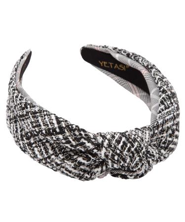 YETASI Tweed Black Knotted Headband for Women with Hints of White Threading is Unique. White Black Headbands for Women Get Compliments Black tweed