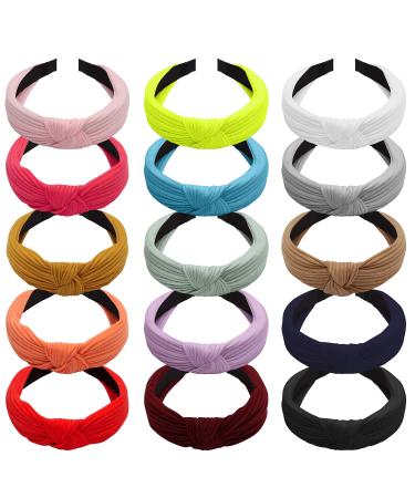 Belle vous hair tires wide with knot (15 pcs) - hair band headband monochrome in the turban style elastic - hair -ready headband hair accessories hair accessories with knots for women & girls - 15 colors