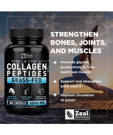 Zeal Naturals Collagen Peptides Collagen Pills (360 Capsules) Grass Fed Collagen Pepetide Powder - Hydrolyzed Collagen Powder for JointTendon SupplementHair Skin and Nails - - Buy Online on GoSupps.com