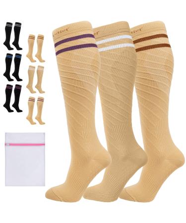 360 RELIEF - Flight Compression Socks Supports | Blood Circulation Travel Work XXL Dark Brown+White+Plum Purple