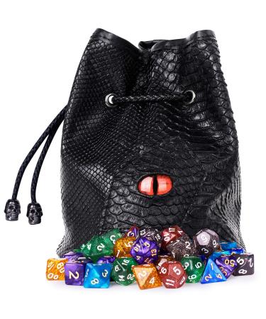 Large Dice Bag with 7 Complete Dice Sets | Black Dragon DND Dice Bag and 49 Polyhedral Dice | Green Satin Interior Lining | Man-Handles 150+ Dice