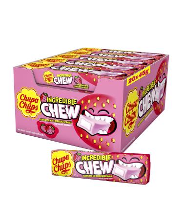 Chupa Chups Incredible Chew Strawberry Diekendisplay contains 20 poles chewing candy with strawberry taste in the large pack 20 x 45g