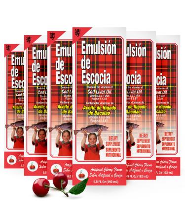 Emulsion de Escocia Cherry Flavor 6-Pack Cod Liver Oil Liquid Supplement for Kids Omega-3 Fish Oil with Vitamins A D E & B1 Immune Support & Growth for Children 6.5 Fl Oz Pack of 6