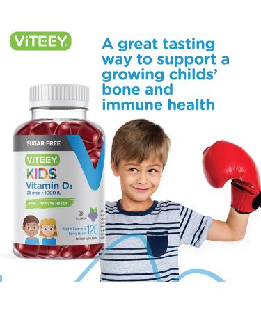 Sugar Free Vitamin D3 Gummies for Kids 25mcg 1000 IU - Bone & Immune Support - 120 Vegetarian Berry Flavored Gummies - Buy Online on GoSupps.com
