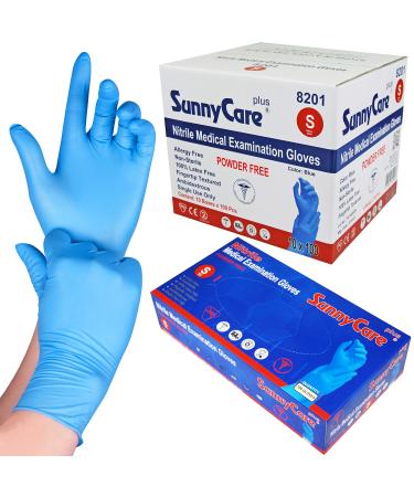SunnyCare 1000 8201 Blue Nitrile Medical Exam Gloves Powder Free Chemo-Rated (Non Vinyl Latex) 100/box 10boxes/case Size: Small