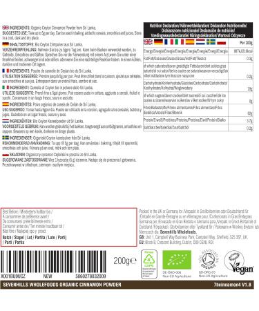 Sevenhills Wholefoods Poudre De Cannelle (Vrai Ceylan) Crue Bio 200g | V ritable Ceylan | Qualit premium | Pur et naturel 250 g (Lot de 1) - Buy Online on GoSupps.com