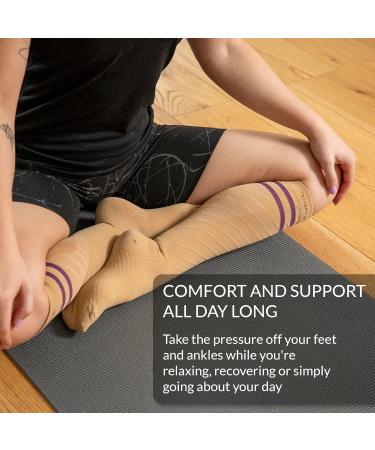 360 RELIEF - Flight Compression Socks Supports | Blood Circulation Travel Work XXL Beige with 2 Plum Purple lines - Buy Online on GoSupps.com