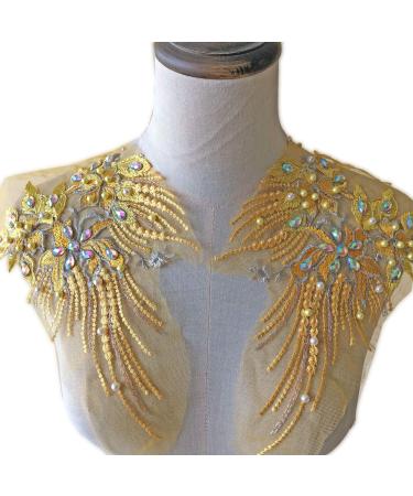 Mirror Pair Beaded Floral Lace Applique Colorful Rhinestones Jewelry Motif Embroidery Shoulder Patch for Party Costumes Dance Dress Gold