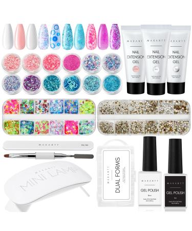 Makartt Poly Nail Gel Kit with UV LED Lamp, Mermaid Couture 30g Builder Nail Gel with 12pcs Glitter Powder Butterfly Sticker Nail Rhinestone Supply All In One DIY Kit for Nail Acrylic Manicure Kit