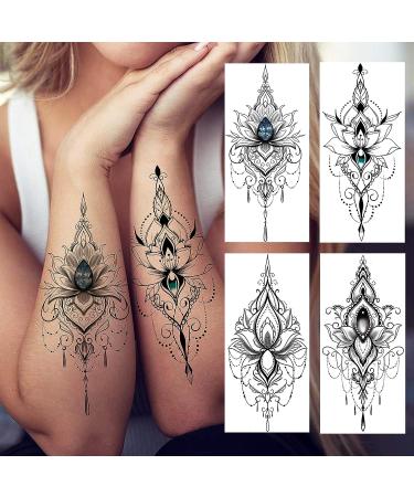 32 Sheets Sexy Black Lotus Temporary Tattoos for Women - Indian Tribal Lace Tatoo Sticker Set with Mandala Flower, Butterfly, Rose, Dreamcatcher, Elephant - Henna Tattoo Kit for Adults - Buy Online on GoSupps.com