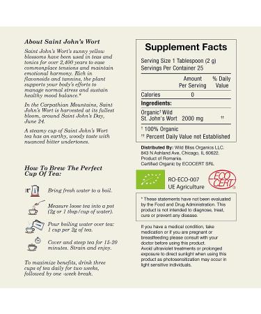 Wild Bliss Organic St Johns Wort Tea - Loose Leaf Herbal Supplement - 1.76 Oz - 25 Servings - Caffeine Free - High Pharmacopoeia Potency - Buy Online on GoSupps.com