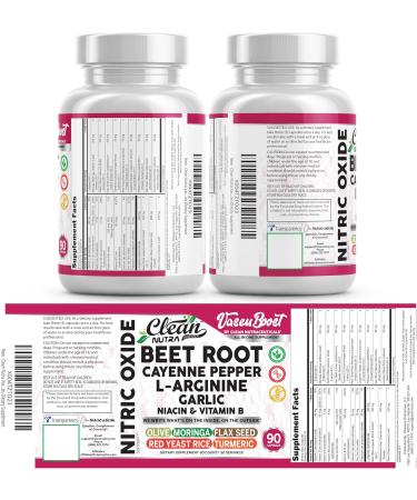 Vascu Boost Beet Root Cayenne Pepper Nitric Oxide Supplement L-Arginine Garlic Niacin Vitamin B Red Yeast Rice Flax Seed Turmeric Curcumin Supplement 90 Capsules by Clean Nutra - Buy Online on GoSupps.com
