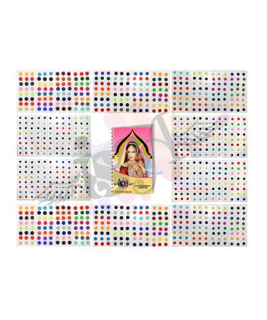 IS4A 960 Multicolored Bollywood Forehead Stickers Adhesive Body Jewelry 10 Page Book of Different Sized Tattoo Bindi Round Dot (Multi-color)
