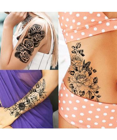 COKTAK 59 Sheets Sexy 3D Rose Flower Temporary Tattoos for Women - Snake, Floral, Sunflower, Peony, Butterfly & More | Black Realistic Arm, Neck, Thigh, Body Tattoo Stickers - Buy Online on GoSupps.com