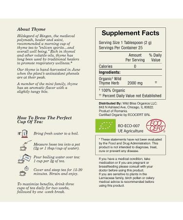 Organic Wild Thyme Tea - Caffeine-Free Loose Leaf Herbal Tea - 1.76 Oz - Pharmacopoeia Potency - Buy Online on GoSupps.com