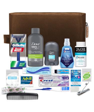 Convenience Kits International Mens Premium 20-Piece Kit with Travel Size TSA Compliant Essentials, Featuring: Dove Men & Care Products in Brown Dopp Bag 20 Piece Set