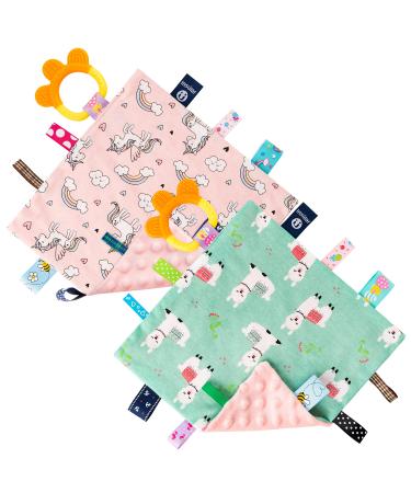 2Pcs Baby Appease Towel Blankets Unicorn Alpaca Infant Soothing Plush Blanket with Colorful Taggies Teether Toddler Soft Security Blankets Newborn Square Comfort Hand Towels Keepsake Toys Gift Pink+green