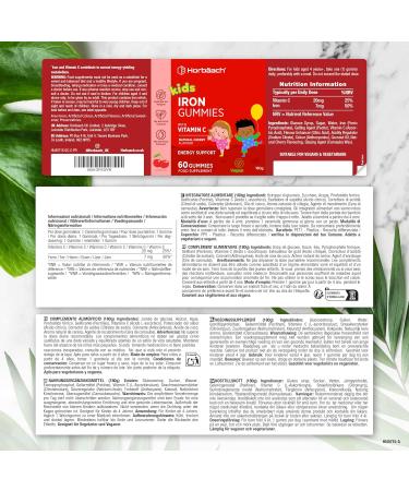 Iron Gummies Kids 7mg with Vitamin C | 60 Vegan Gummies Cherry Flavor | Iron Supplement Food Supplement | Iron Supplement + Vitamin C for Kids | by Horbaach - Buy Online on GoSupps.com