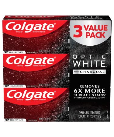 Colgate Optic White with Charcoal Teeth Whitening Toothpaste, Cool Mint, 4.2 Oz, 3 Pack 4.2 Ounce (Pack of 3)