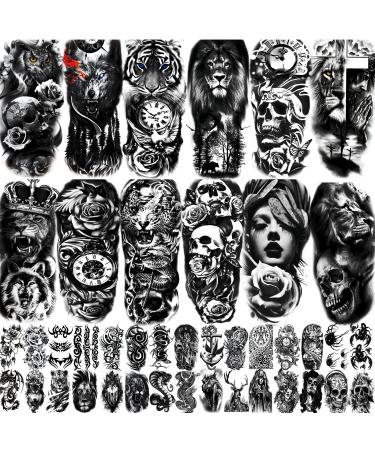 JEEFONNA 42 Sheets Temporary Tattoo for Men Women Adults, Include 12 Sheets Large Black 3D Realistic Tattoos Half Sleeve Temporary Tattoos, Lion Wolf Tiger Skull Skeleton Fake Tattoos Stickers