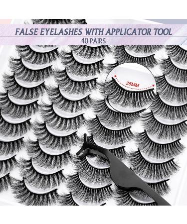 40 Pairs Reusable Natural Wispy False Eyelashes Set with Applicator Tool - Black - Buy Online on GoSupps.com