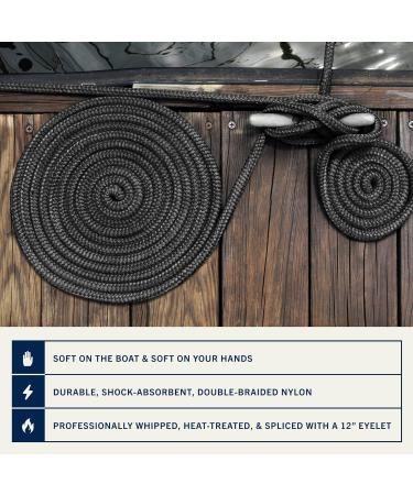 Rainier Supply Co. 15ft x 3/8in Boat Dock Lines - Premium Double Braided Nylon Mooring Lines - 4 Pack Black Nylon - Buy Online on GoSupps.com
