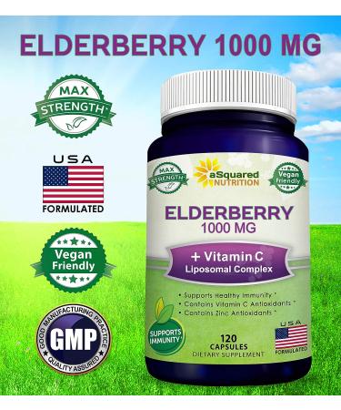 Black Elderberry Capsules with Vitamin C & Zinc - 1000mg Sambucus Nigra & Liposomal VIT C - Immune Support Booster - 120 Veggie Caps - Buy Online on GoSupps.com