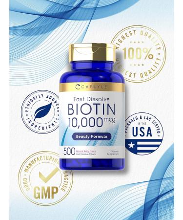 Carlyle Biotin 10 000mcg | 500 Fast Dissolve Tablets | for Hair Skin and Nails | Maximum Strength | Vegetarian Non-GMO Gluten Free Supplement 500 Count (Pack of 1) - Buy Online on GoSupps.com