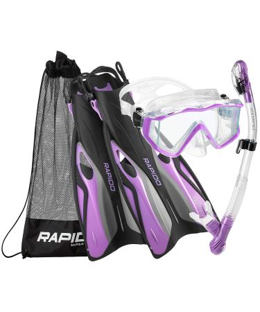 Phantom Aquatics Rapido Boutique Collection Clareza Three Window Tempered Glass Lens Mask Fin Snorkel Set with Snorkeling Gear Carry Bag Lilac S/M, US: 6-9 / EU: 38-42