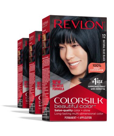 Permanent Hair Color by Revlon Permanent Black Hair Dye Colorsilk with 100% Gray Coverage Ammonia-Free Keratin and Amino Acids Black Shades (Pack of 3) 12 Natural Blue Black