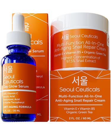 Korean Skin Care Set - Potent Vitamin C Serum with Korean Snail Repair Cream - The Most Potent Duo For Providing You With That Bright Youthful Glow. Your Natural & Organic Korean Beauty Routine