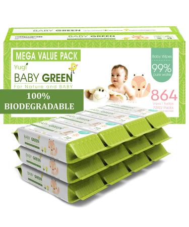 Baby Green Wipes Unscented Compostable Biodegradable and Organic Value Pack (12 Packs of 72) 864 for Sensitive Skin 72 Count (Pack of 12)