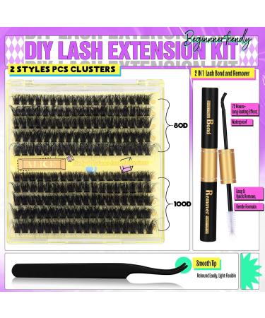 ALICE Fluffy Eyelash Extension Kit 3D Volume Lash Clusters Kit Individual Lashes DIY Eyelash Extension Kit with Eyelash Clusters Lash Bond and Remover Tweezers(10-18mm 80D+100D 0.05D D Curl) B - Fluffy 80D+100D Kit - Buy Online on GoSupps.com